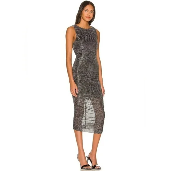 NWOT! Line & Dot Metallic Anthro Charcoal Olivia Mesh Women's Midi-Dress Small - Picture 1 of 17